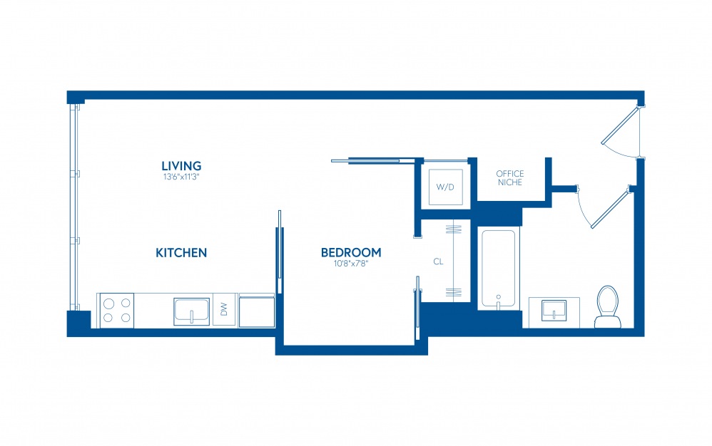 One Bedroom B4 - 1 bedroom floorplan layout with 1 bath and 524 square feet.