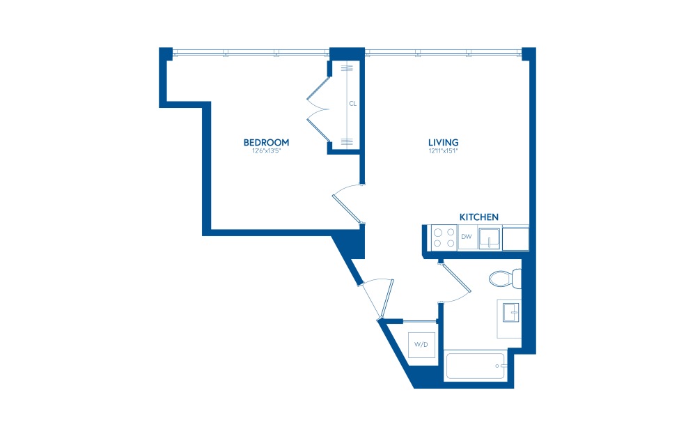 One Bedroom B5 - 1 bedroom floorplan layout with 1 bath and 544 square feet.