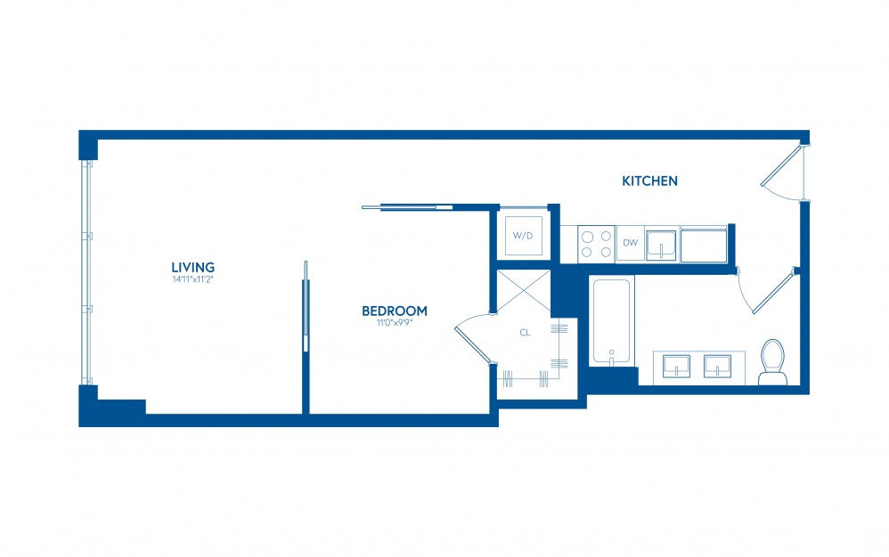 One Bedroom B6 - 1 bedroom floorplan layout with 1 bath and 601 square feet.