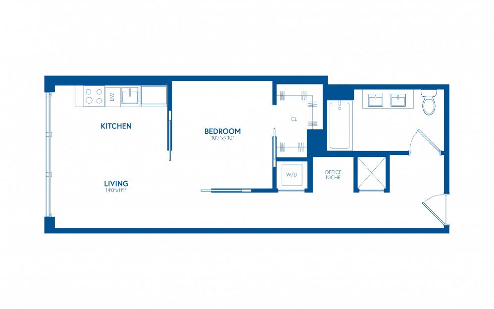 One Bedroom B7 - 1 bedroom floorplan layout with 1 bathroom and 601 square feet