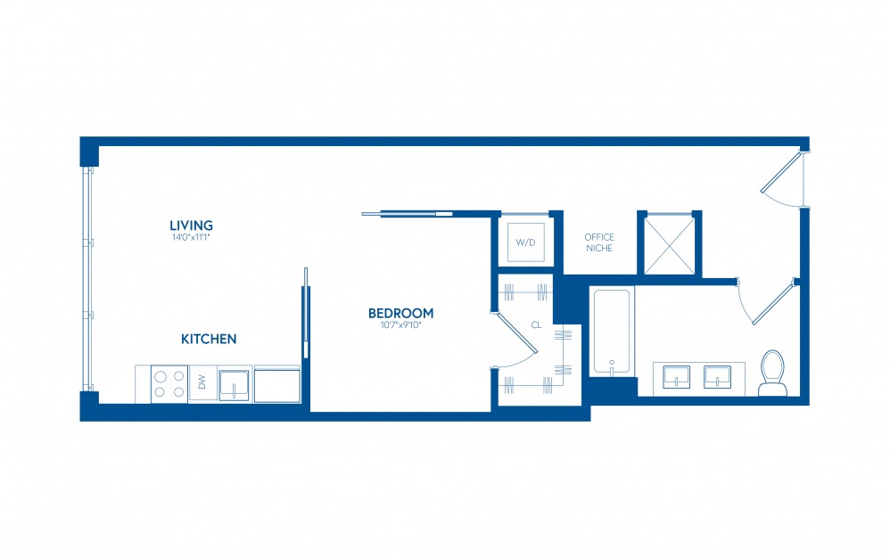 One Bedroom B8 - 1 bedroom floorplan layout with 1 bathroom and 601 square feet