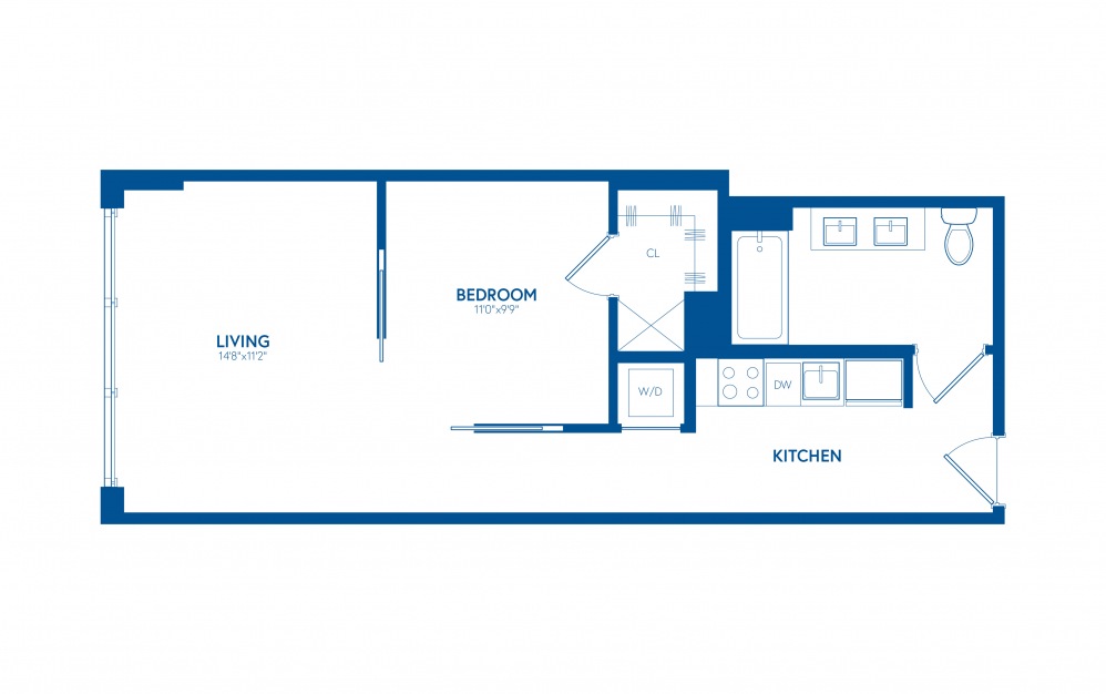 One Bedroom B9 - 1 bedroom floorplan layout with 1 bath and 601 square feet.