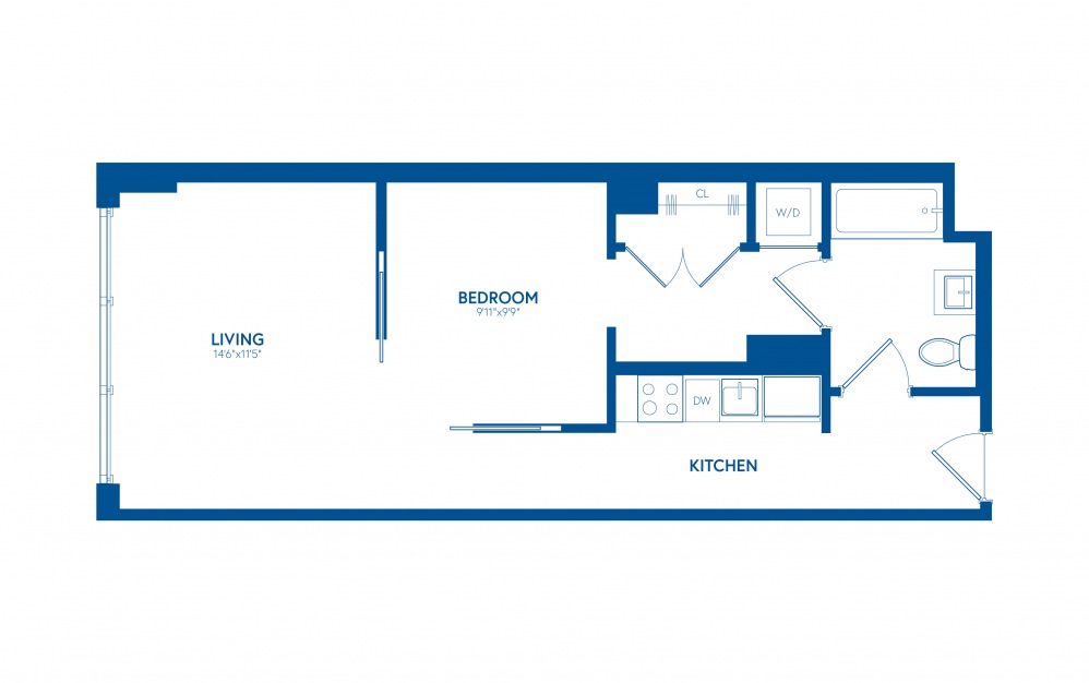 One Bedroom B11 - 1 bedroom floorplan layout with 1 bath and 601 square feet.