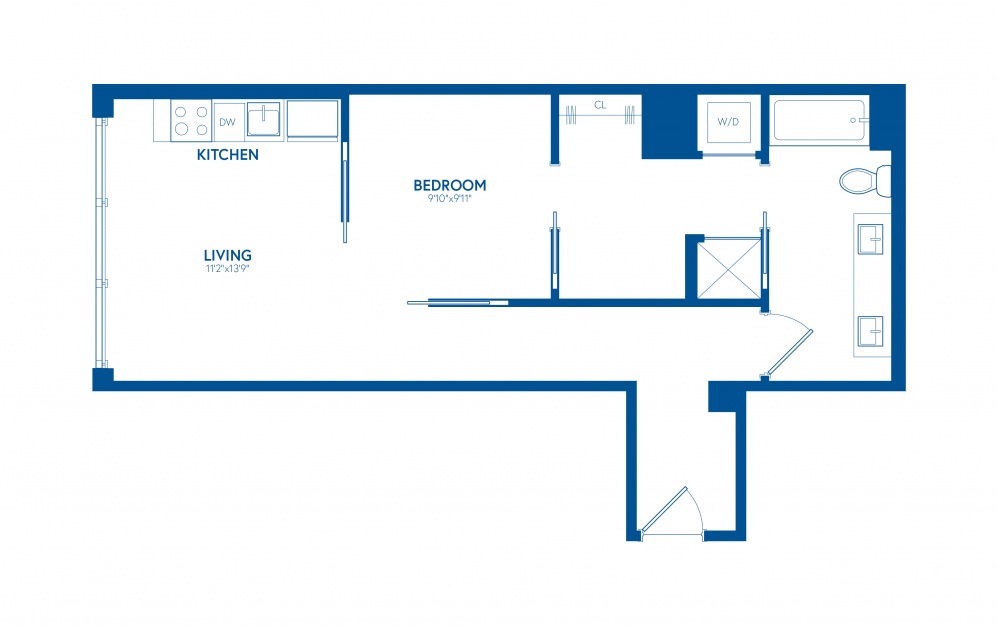 One Bedroom B12 - 1 bedroom floorplan layout with 1 bath and 631 square feet.