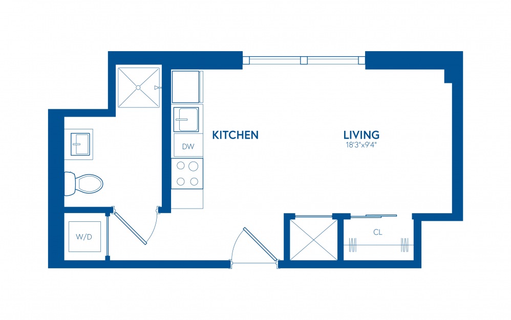 Studio A1 - Studio floorplan layout with 1 bath and 361 square feet.