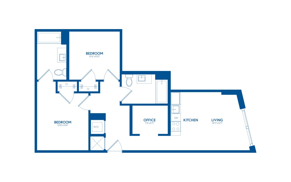 Duo + Office C2 - 2 bedroom floorplan layout with 2 bathrooms and 833 square feet