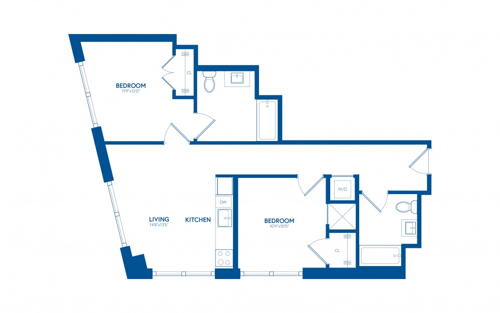 Two Bedroom C3 - 2 bedroom floorplan layout with 2 bathrooms and 856 square feet