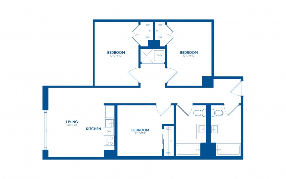 Trio D1 - 3 bedroom floorplan layout with 2 bathrooms and 925 square feet