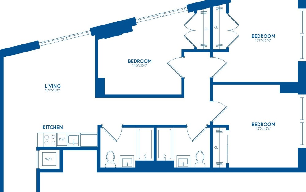 Three Bedroom - 3 bedroom floorplan layout with 2 bathrooms and 1123 square feet Three Bedroom - 3 bedroom floorplan layout with 2 bathrooms and 1123 square feet