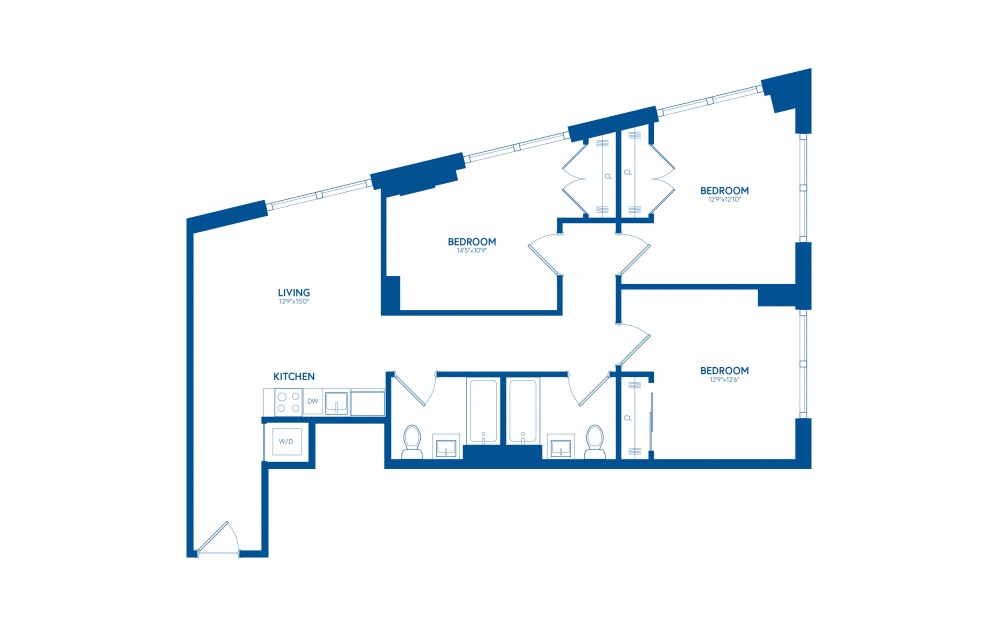 Three Bedroom D2 - 3 bedroom floorplan layout with 2 bathrooms and 1123 square feet