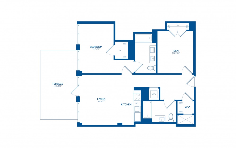 One Bedroom + Den + Terrace PH207 - 1 bedroom floorplan layout with 2 baths and 1025 square feet.