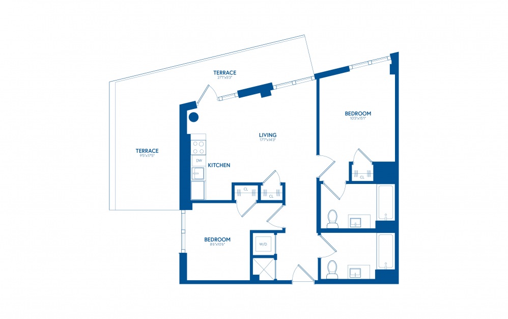 Two Bedroom + Terrace PH208 - 2 bedroom floorplan layout with 2 baths and 814 square feet.